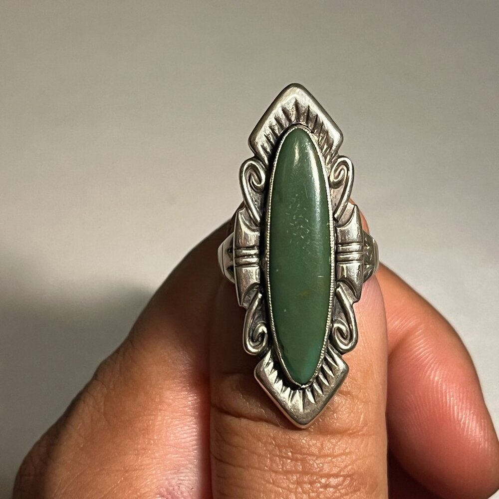 Native American Navajo Bell Trading Post Sterling Ring Dark Jade